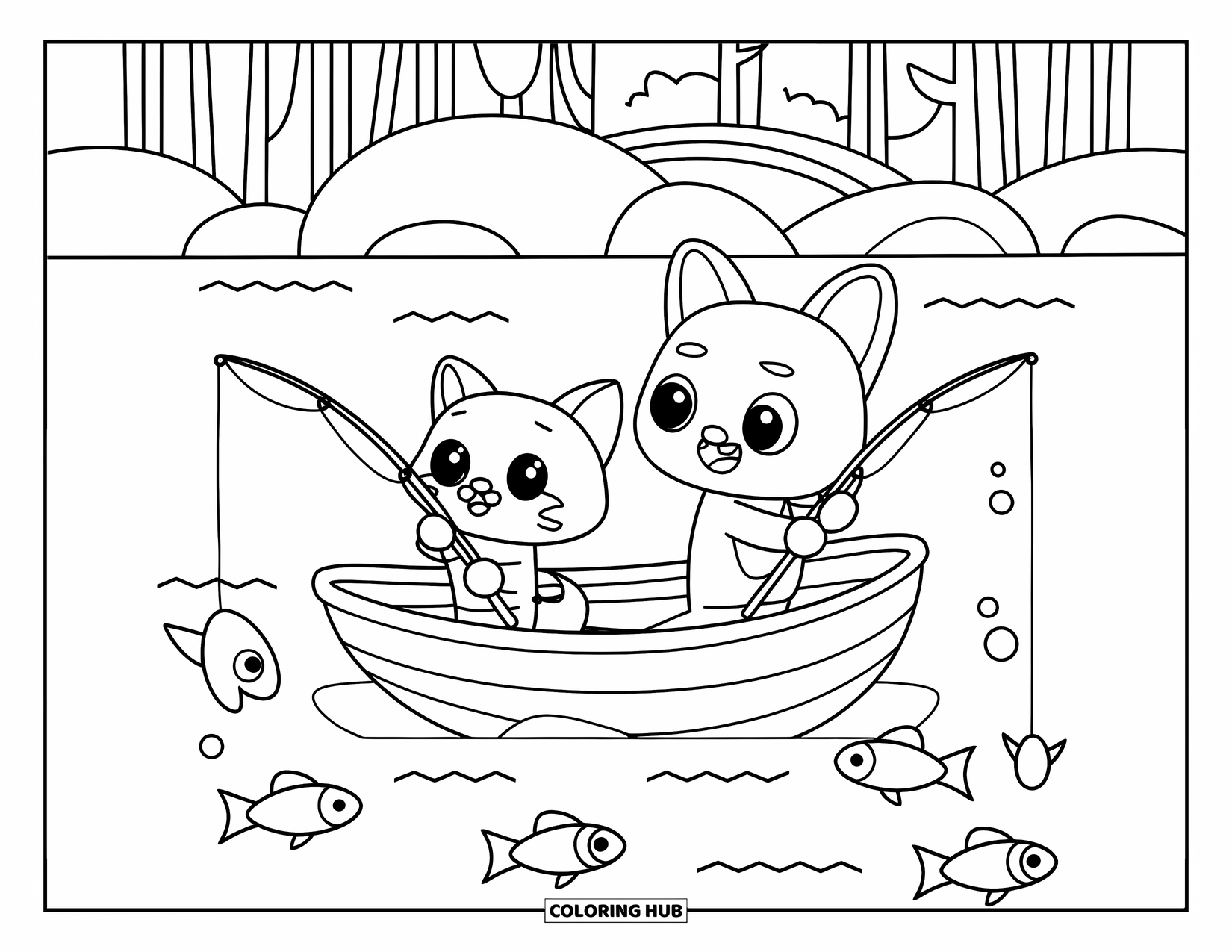 Kleurplaat Kat en Hond voor Kinderen: De kat en hond vissen samen op een boot bij bomen en een brug