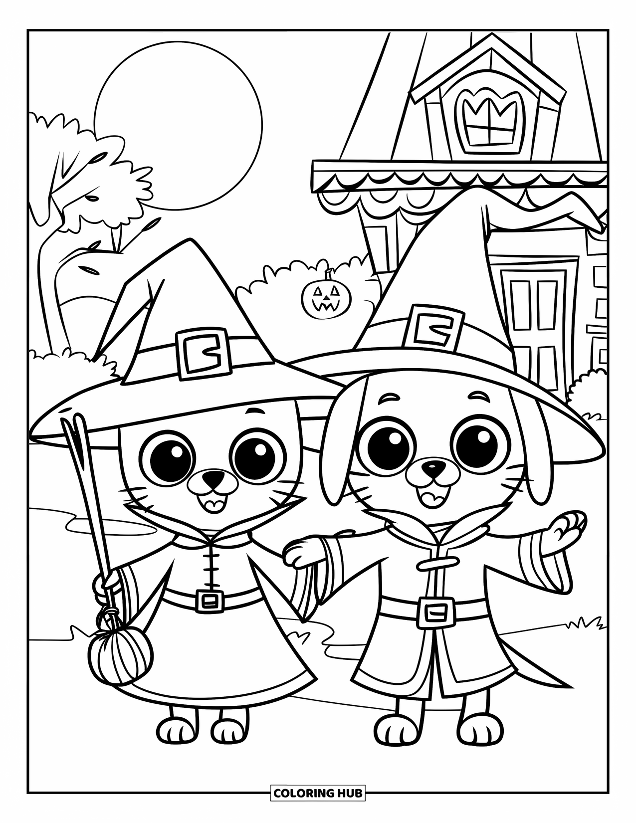 Kleurplaat Kat en Hond voor Kinderen: De kat en hond gaan verkleed als griezels langs de deuren tijdens Halloween