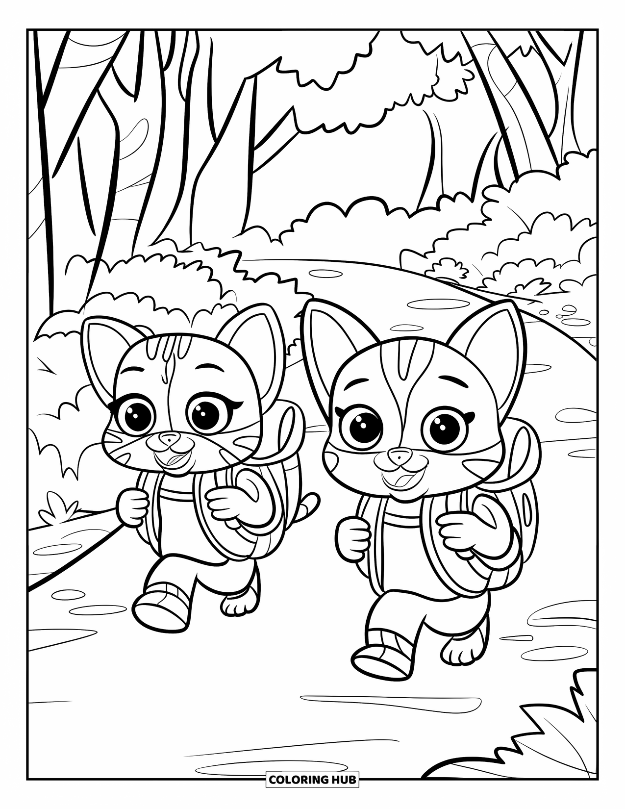 Kleurplaat Kat en Hond voor Kinderen: De kat en hond wandelen over een bospad met rugzakken en glimlachen