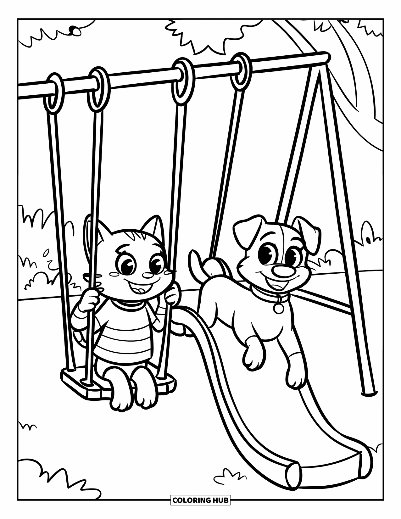 Kleurplaat Kat en Hond voor Kinderen: De kat en hond lachen en spelen samen op een schommel en glijbaan