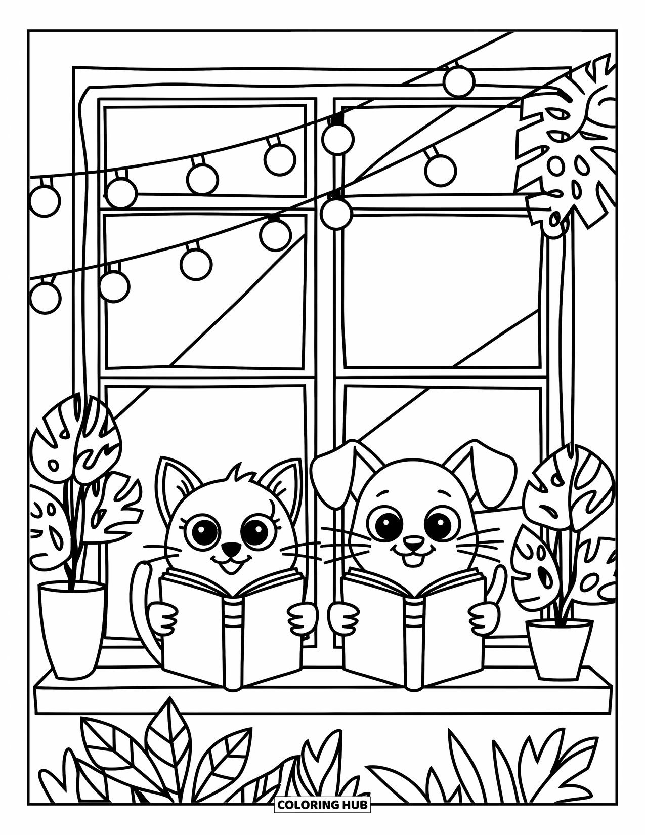 Kleurplaat Kat en Hond voor Kinderen: De kat en hond lezen samen boeken op een gezellige vensterbank