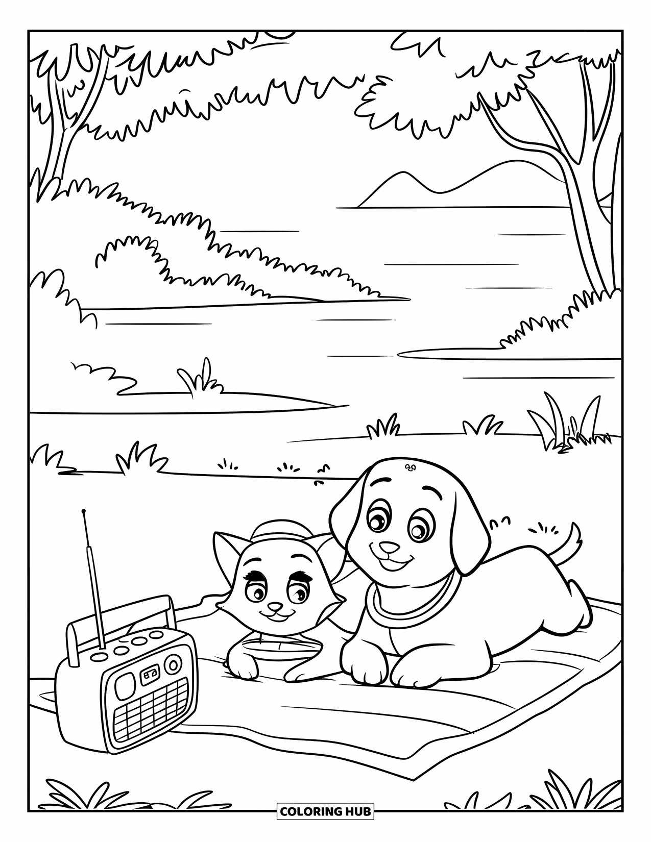 Kleurplaat Kat en Hond voor Kinderen: De kat en hond ontspannen op een picknickkleed terwijl er muziek speelt in de buurt