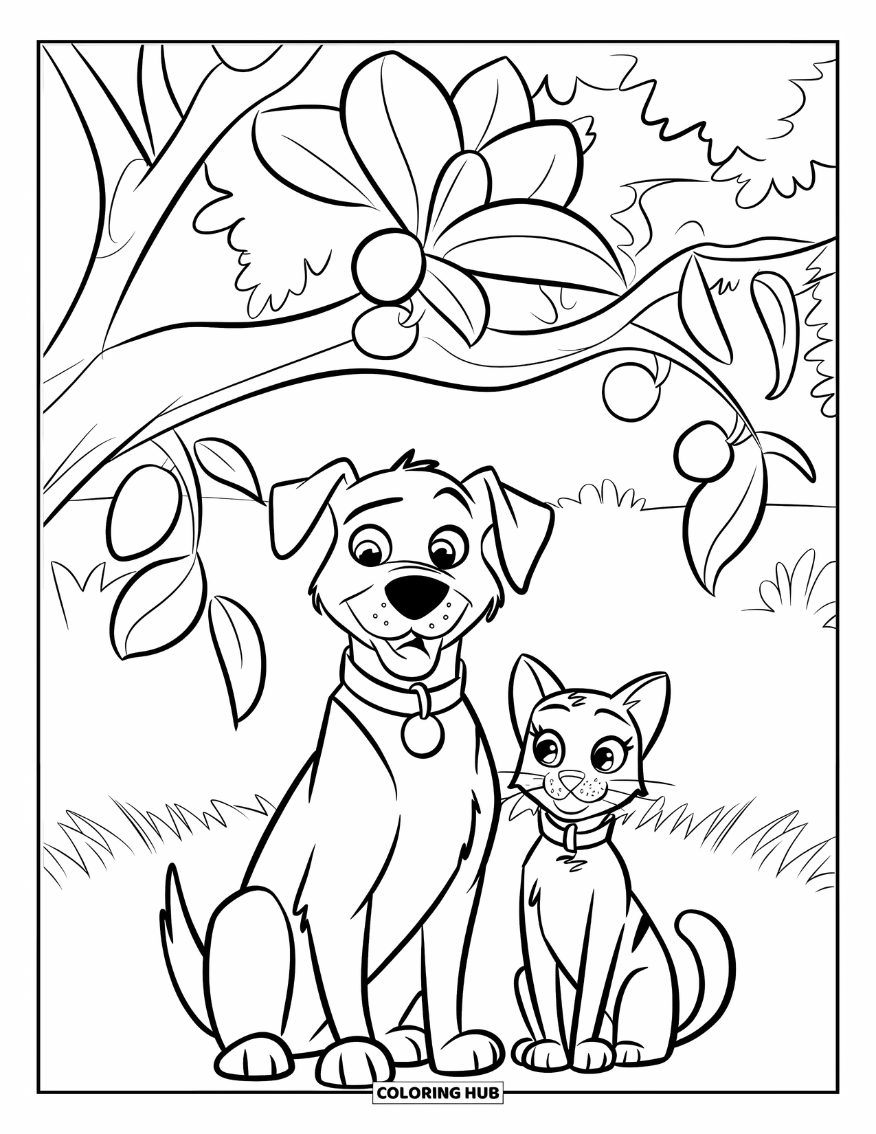 Kleurplaat Kat en Hond voor Kinderen: De kat en hond ontspannen onder een fruitboom in een heldergroen veld