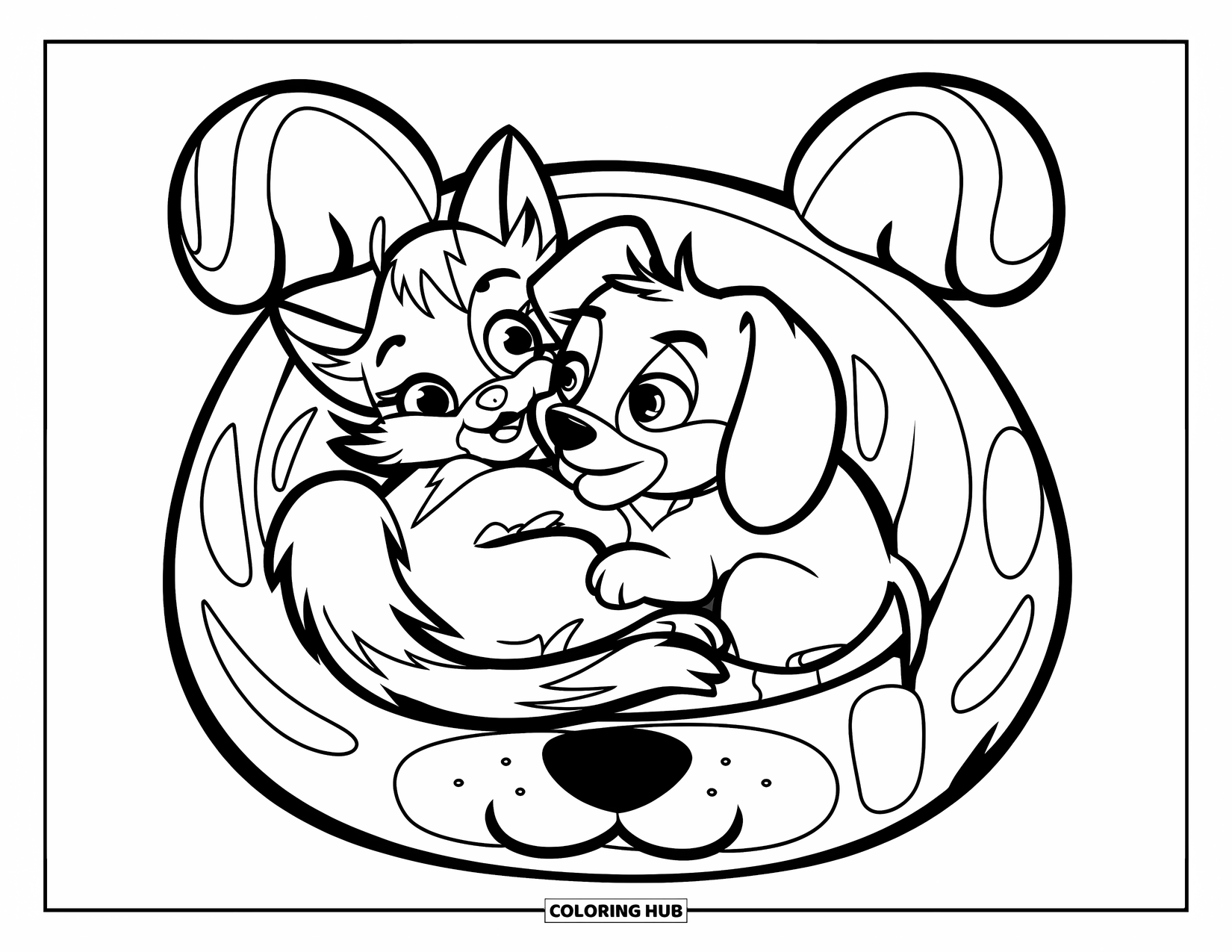 Kleurplaat Kat en Hond voor Kinderen: De kat en hond rusten gelukkig in een gedeelde dierenmand