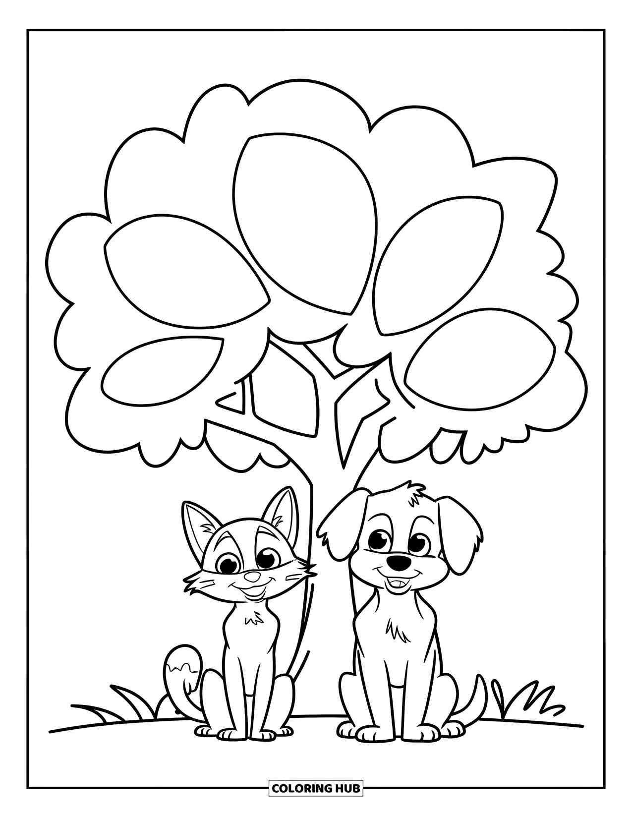 Kleurplaat Kat en Hond voor Kinderen: De kat en hond rusten samen onder een boom met grote, bladerrijke takken