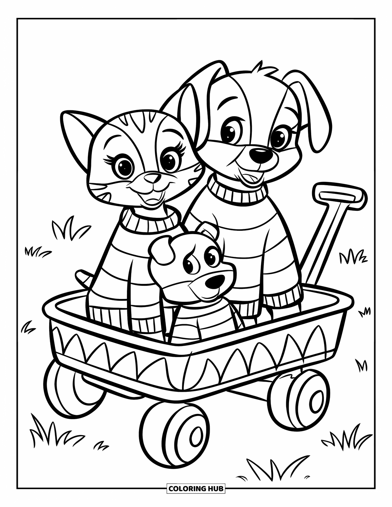 Kleurplaat Kat en Hond voor Kinderen: De kat en hond rijden in een kleurrijke wagen met een teddybeervriendje