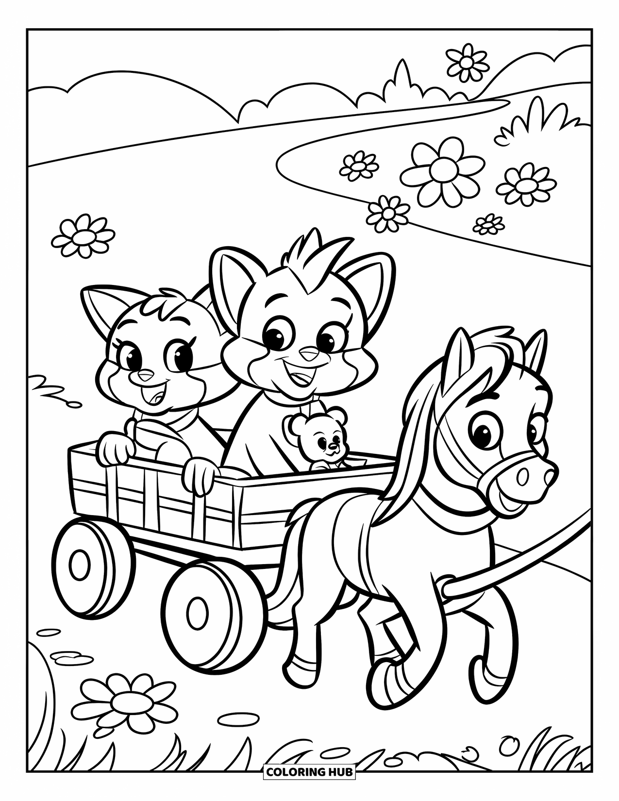 Kleurplaat Kat en Hond voor Kinderen: De kat en hond rijden in een speelgoedwagen met een teddybeer en een paard
