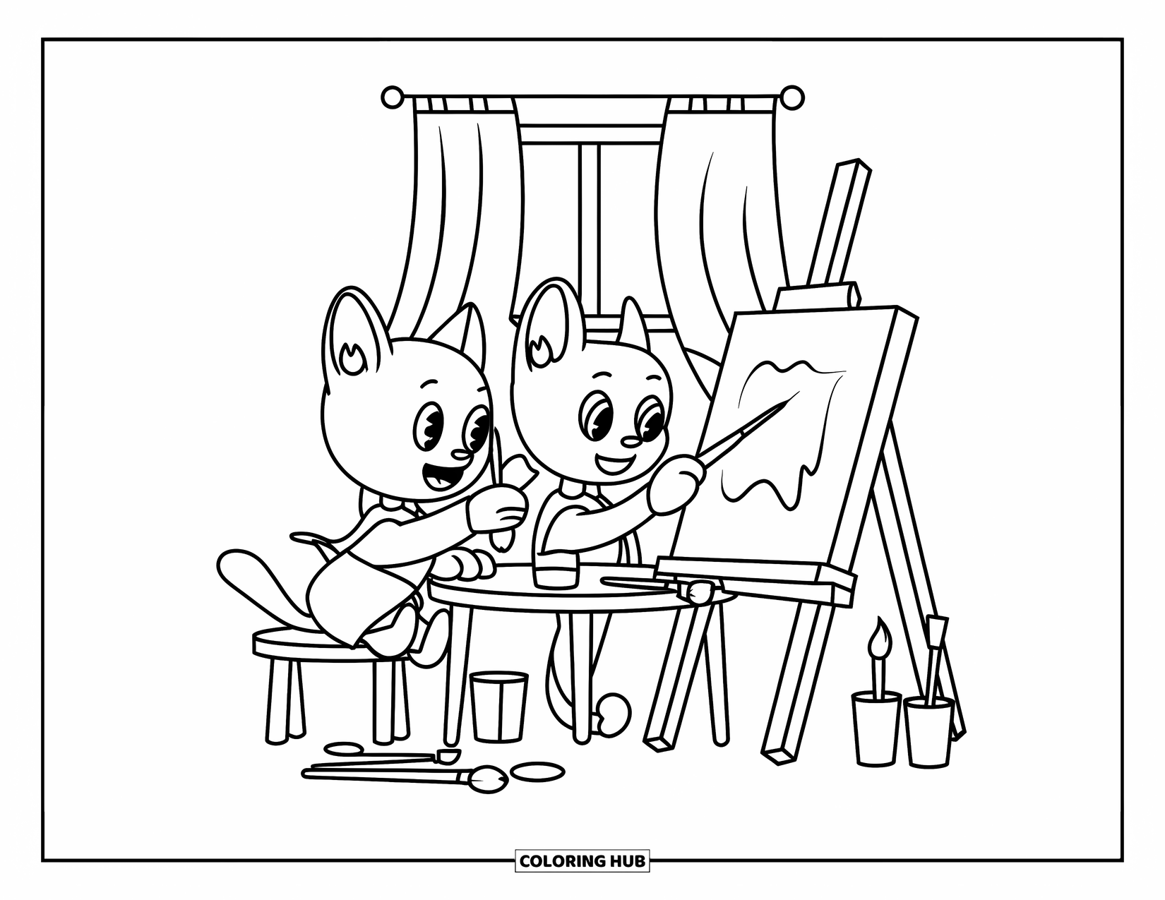 Kleurplaat Kat en Hond voor Kinderen: De kat en hond delen penselen en glimlachen bij een zonnig raam