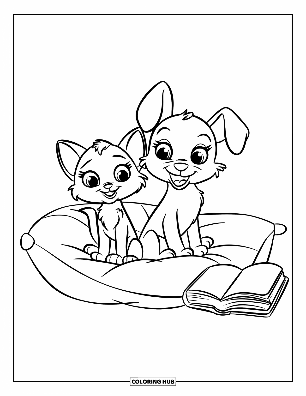 Kleurplaat Kat en Hond voor Kinderen: De kat en hond zitten op een groot kussen met een boek in de buurt