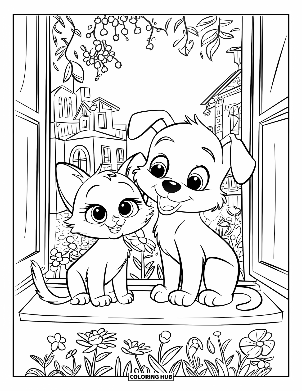 Kleurplaat Kat en Hond voor Kinderen: De kat en hond zitten op een vensterbank met bloemen en kijken naar de stad beneden