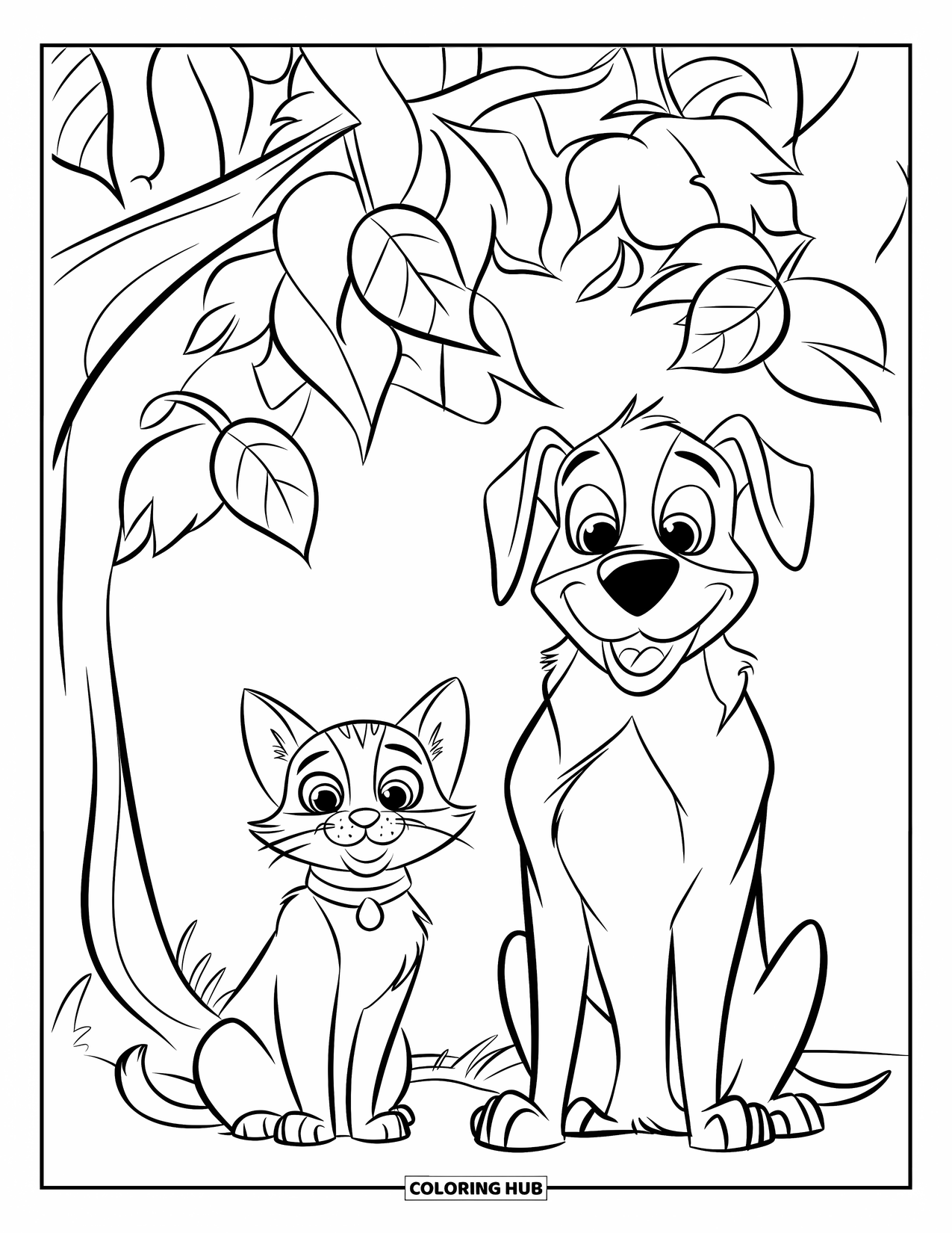 Kleurplaat Kat en Hond voor Kinderen: De kat en hond zitten rustig onder een boom met bladeren, zij aan zij