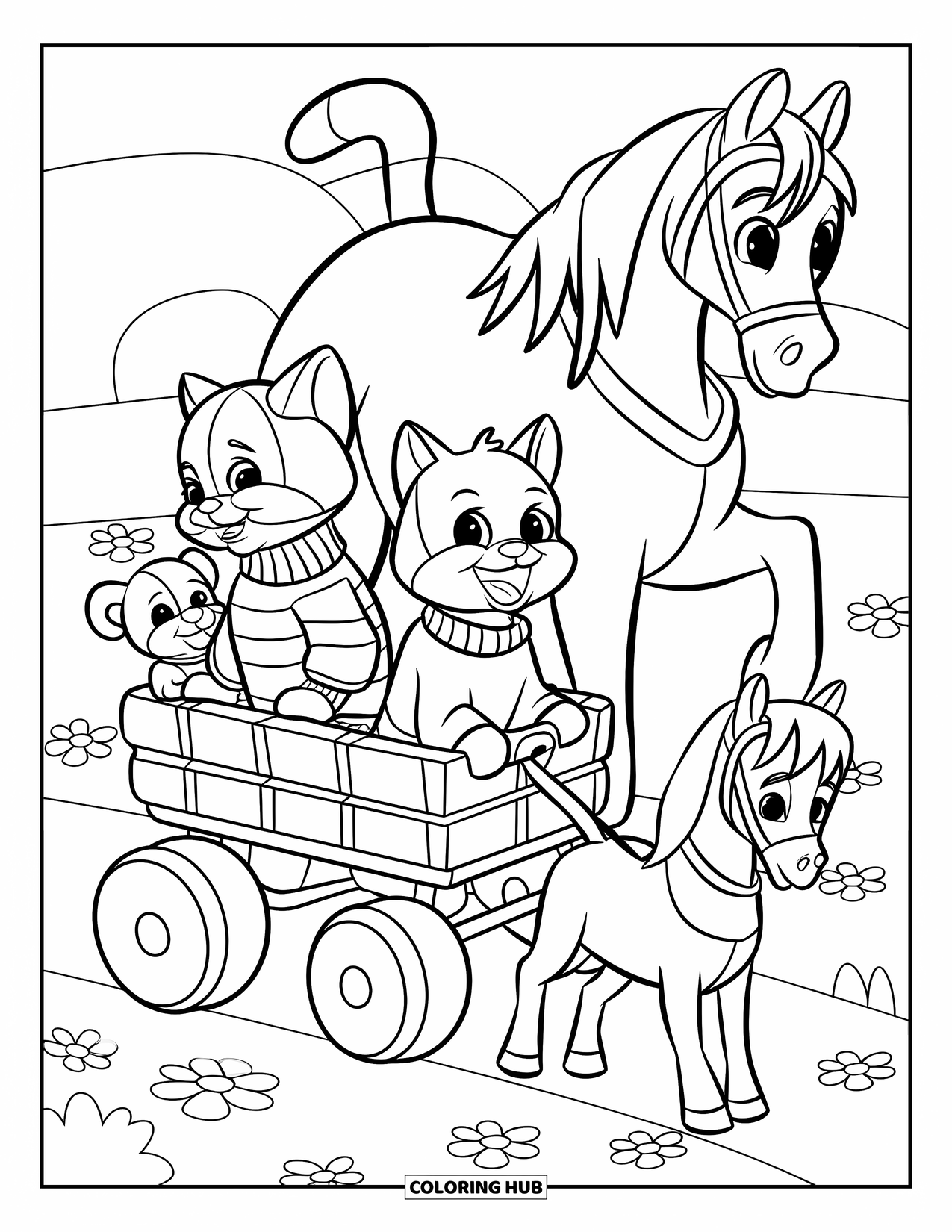 Kleurplaat Kat en Hond voor Kinderen: De kat en hond knuffelen in een wagen die door een paard door het veld wordt getrokken
