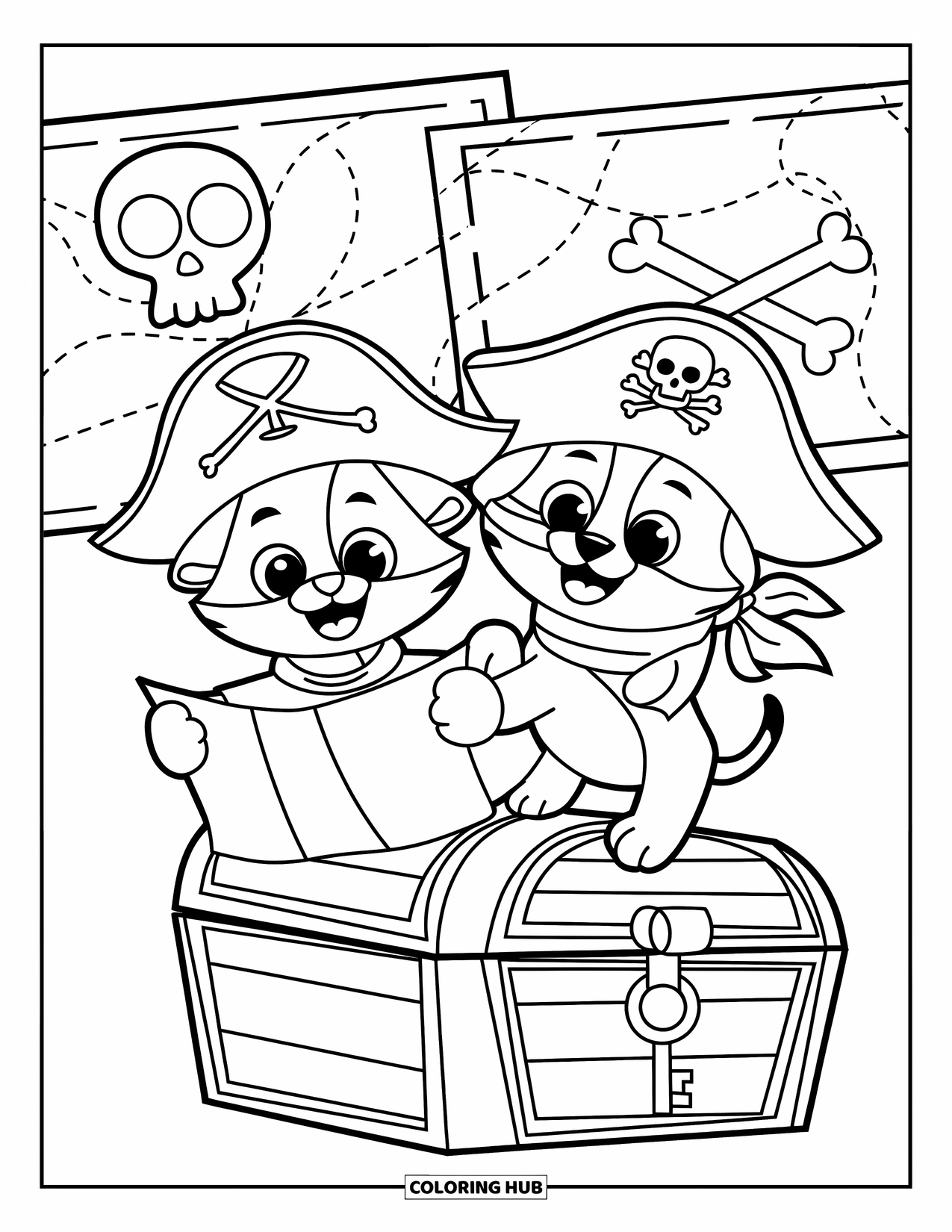 Kleurplaat Kat en Hond voor Kinderen: De kat en hond staan op schatkisten, klaar voor piratenavonturen