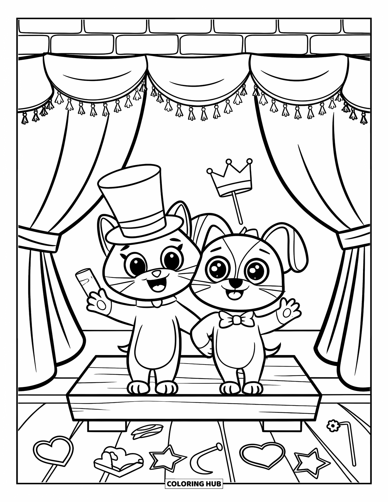 Kleurplaat Kat en Hond voor Kinderen: De kat en hond poseren bij een fotohokje vol props