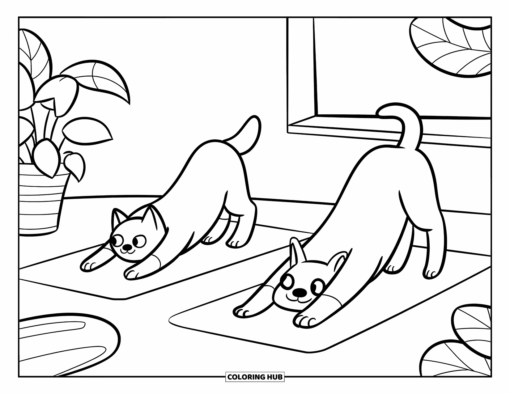 Kleurplaat Kat en Hond voor Kinderen: De kat en hond doen yoga-oefeningen op matten in een rustige kamer