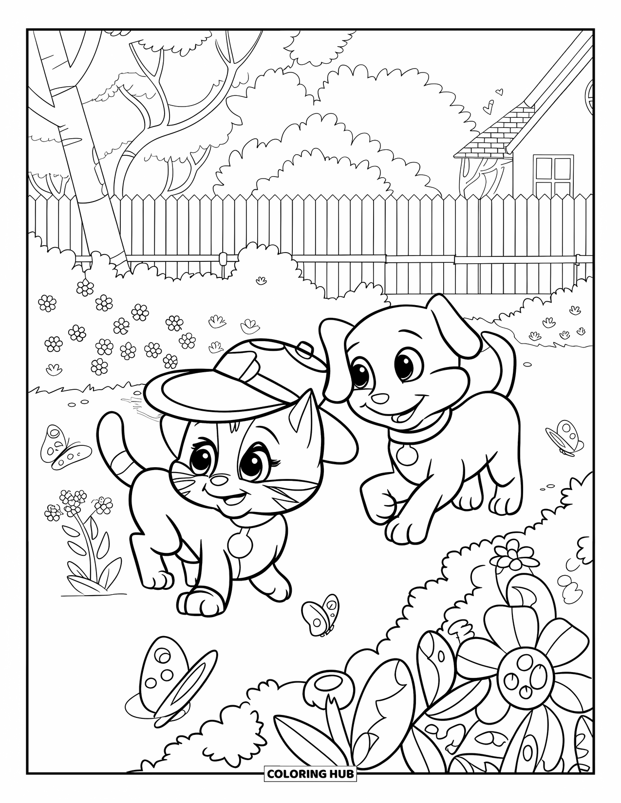 Kleurplaat Kat en Hond voor Kinderen: De kat en hond wandelen door een bloemrijke tuin vol vlinders