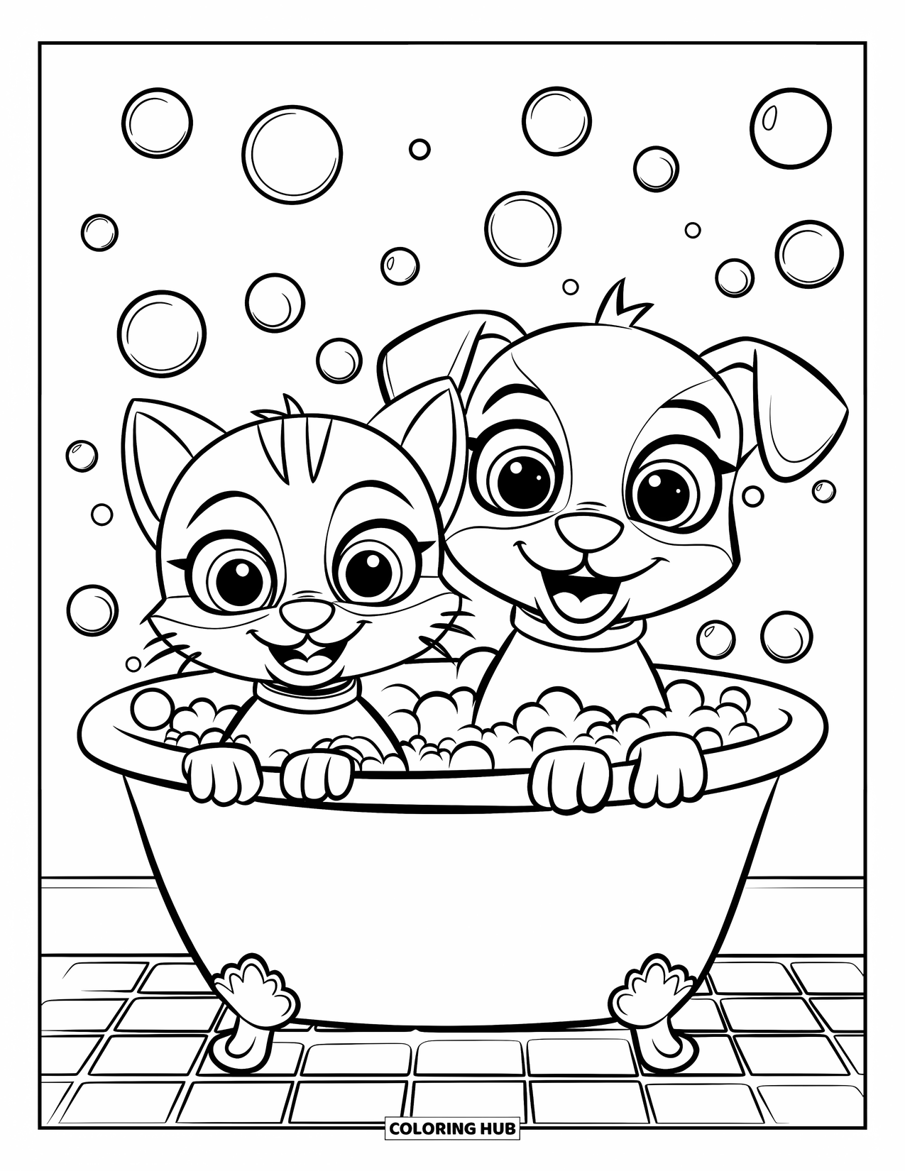 Kleurplaat Kat en Hond voor Kinderen: De kat en hond nemen een bubbelbad met drijvende bellen