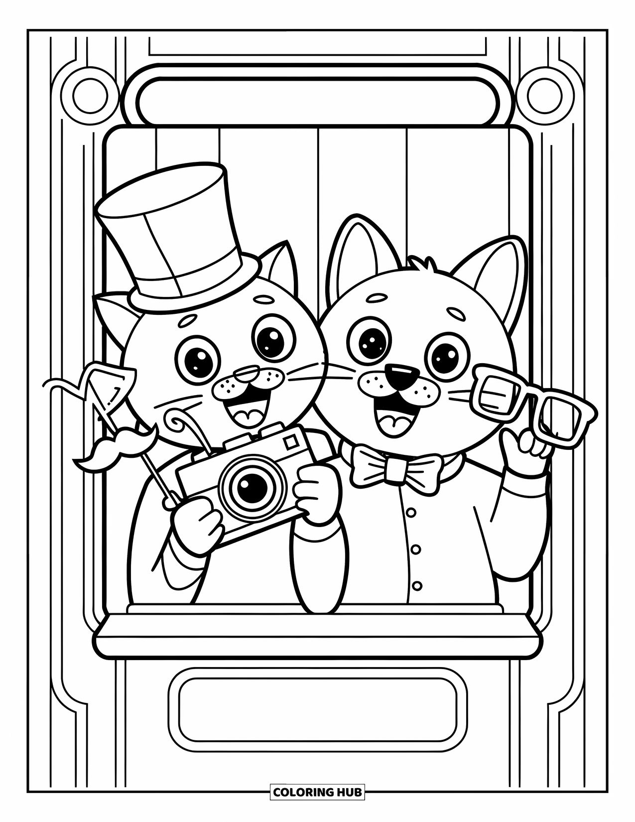 Kleurplaat Kat en Hond voor Kinderen: De kat en hond nemen een selfie met grappige foto booth props