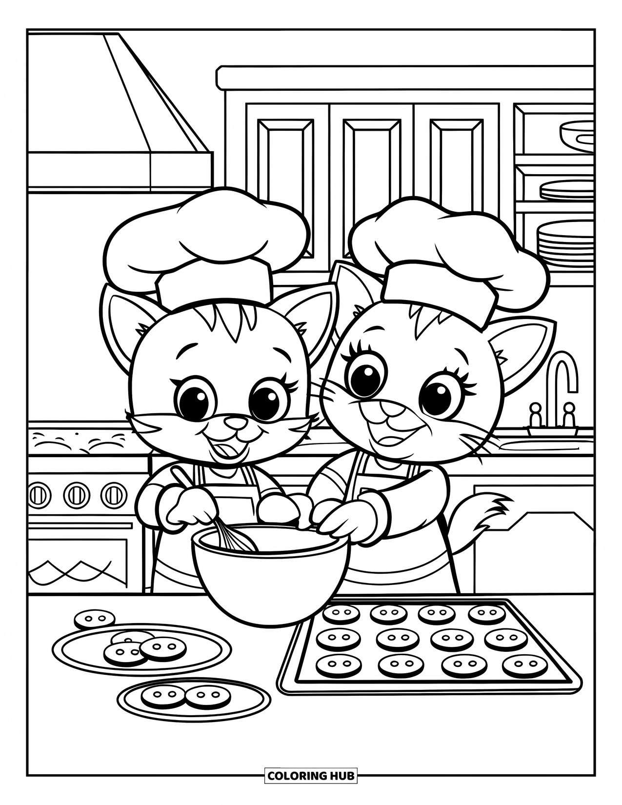 Kleurplaat Kat en Hond voor Kinderen: De kat en hond werken samen om koekjes te bakken in de keuken