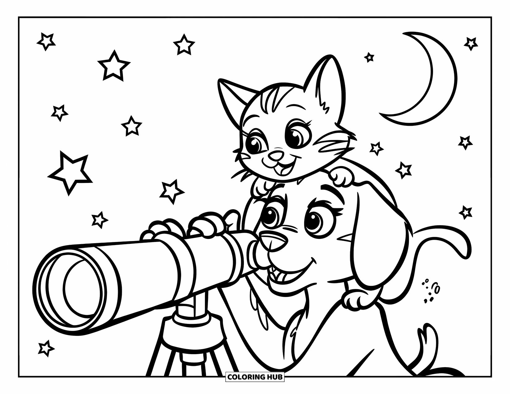 Kleurplaat Kat en Hond voor Kinderen: De kat en hond gebruiken een telescoop om naar de nachtelijke hemel te kijken