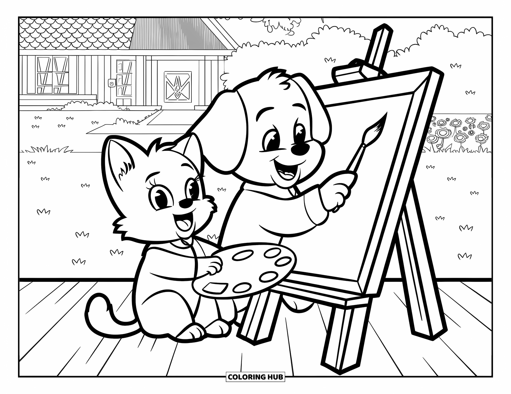 Kleurplaat Kat en Hond voor Kinderen: De kat en hond werken samen aan een schilderij bij een huis met bloemen