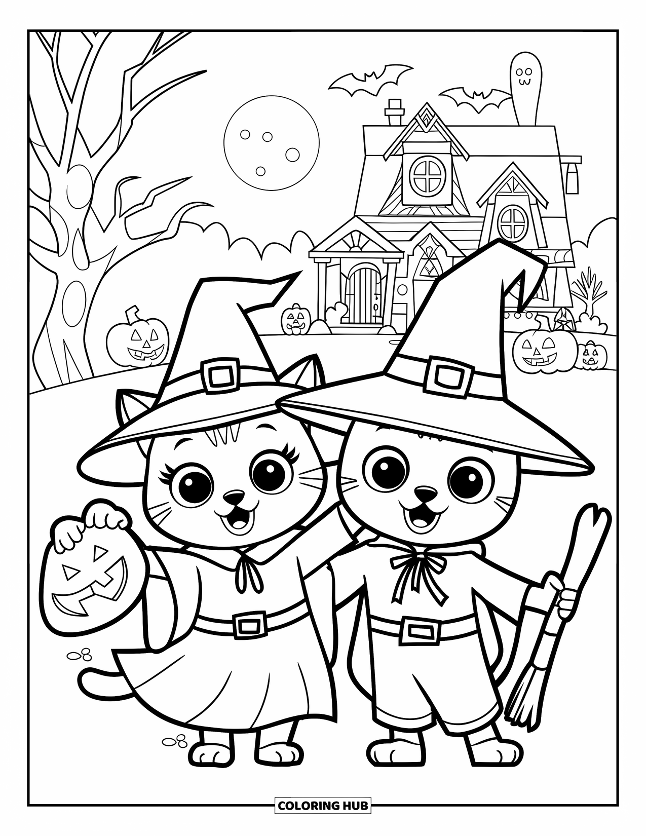 Kleurplaat Kat en Hond voor Kinderen: De kat is een heks en de hond is een tovenaar die langs de deuren gaan tijdens Halloween