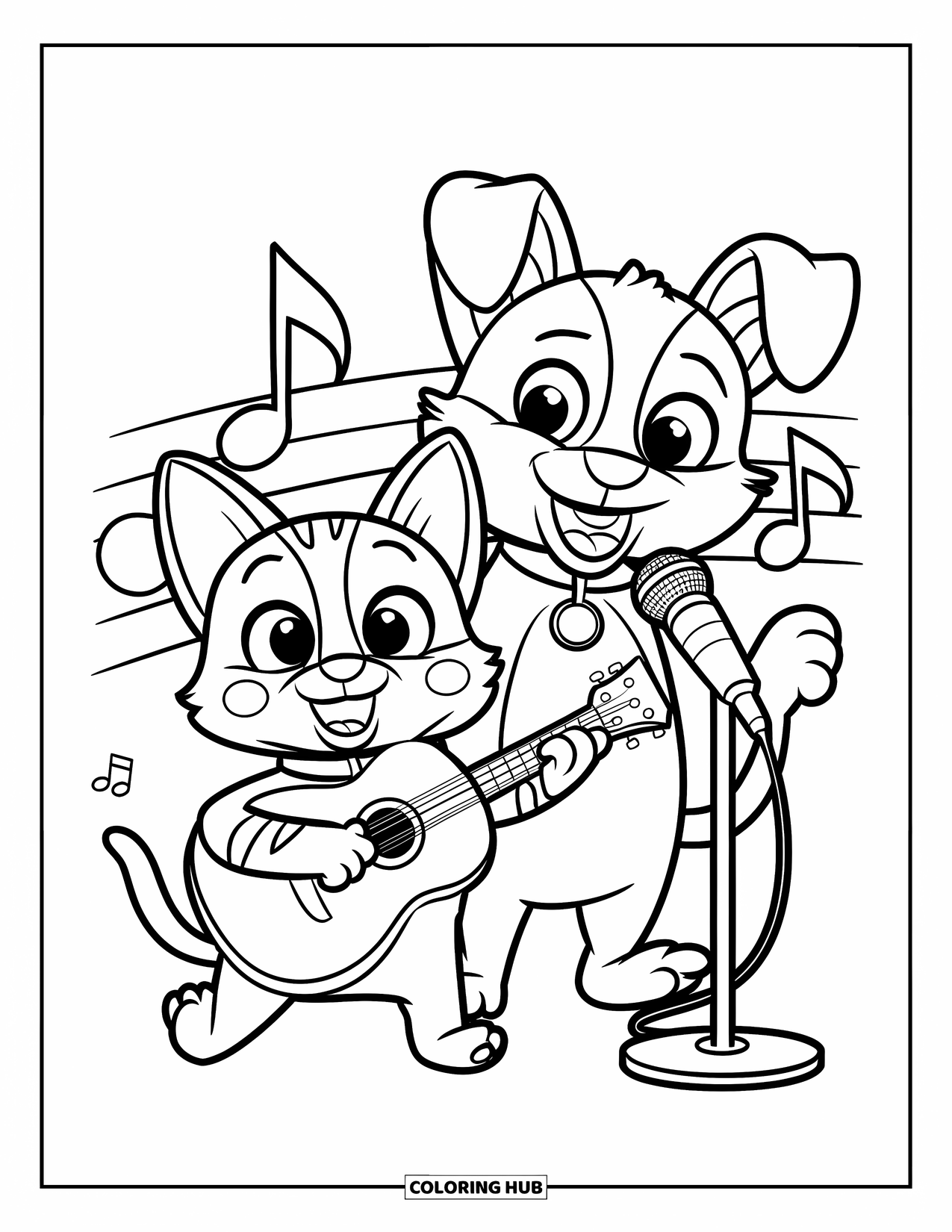 Kleurplaat Kat en Hond voor Kinderen: De kat speelt gitaar terwijl de hond een liedje zingt in de buurt