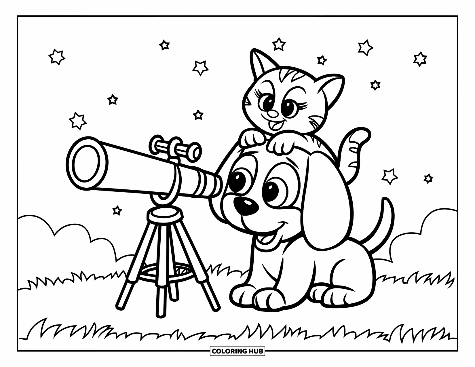 Kleurplaat Kat en Hond voor Kinderen: Onder de sterren delen de kat en hond een telescoop in een rustig veld