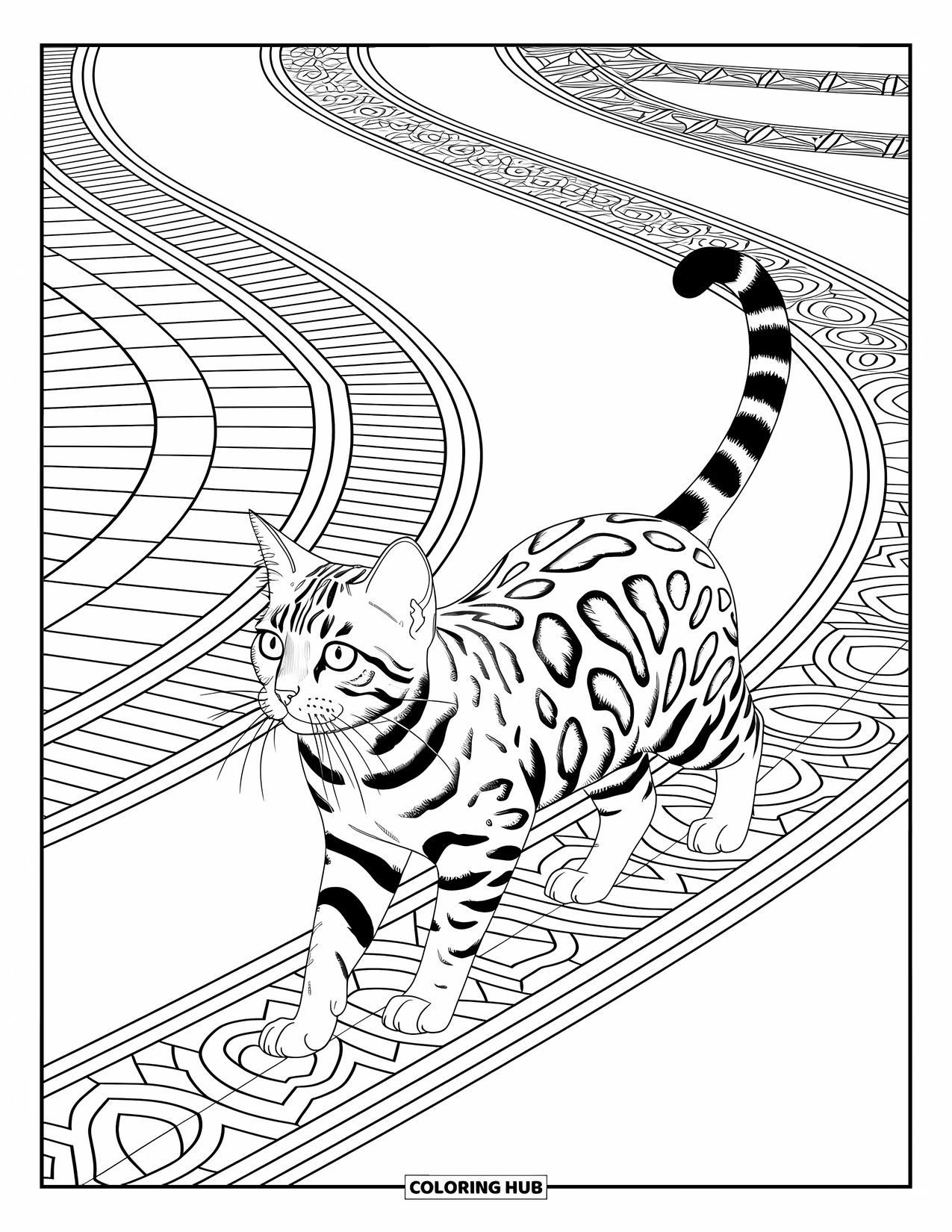 Dibujo de gato para colorear para adultos: Un gato bengalí camina sobre un camino de mosaico adornado, su silueta rodeada de intrincados patrones artísticos