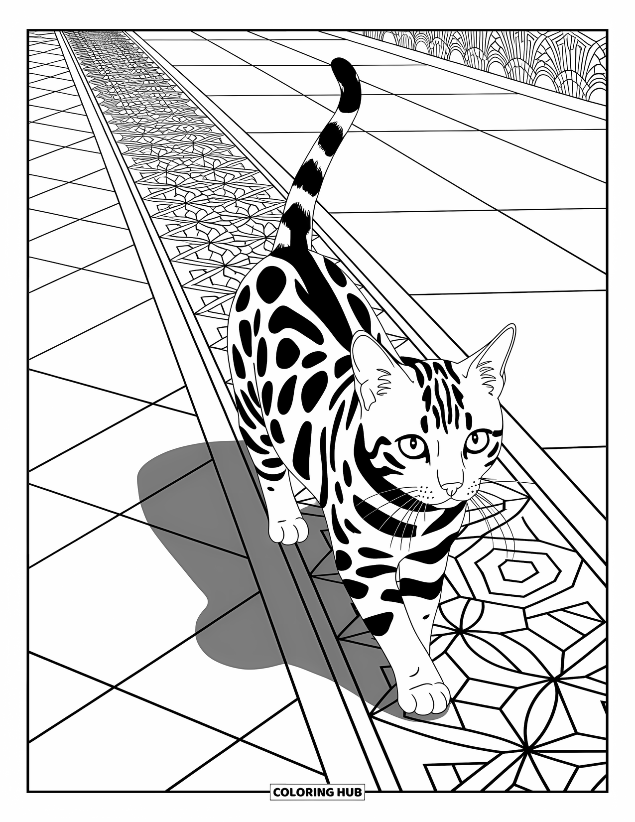 Dibujo de gato para colorear para adultos: Un gato bengalí camina a lo largo de un camino de mosaico detallado, enmarcado por patrones intrincados y delicados adornos