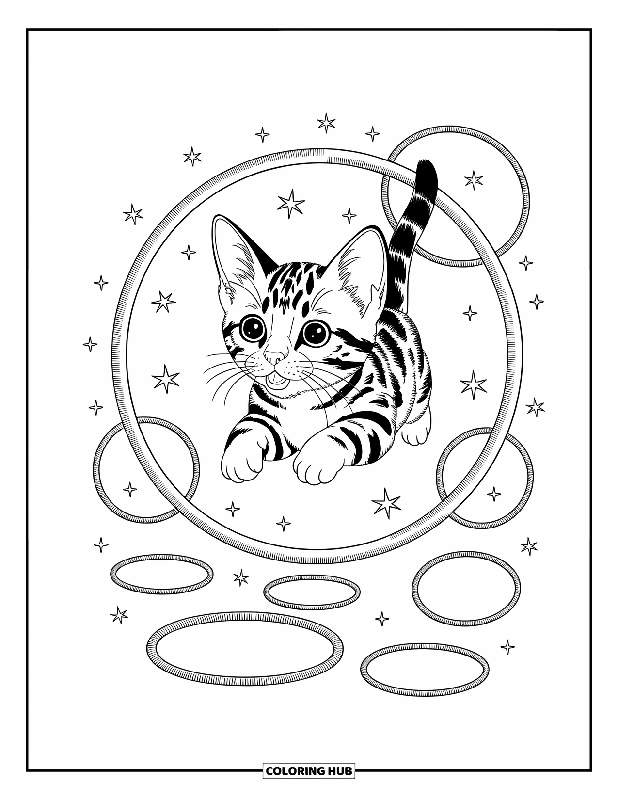 Dibujo de gato para colorear para adultos: Un gatito bengalí salta alegremente a través de un aro, con pequeñas estrellas y aros juguetones flotando alrededor