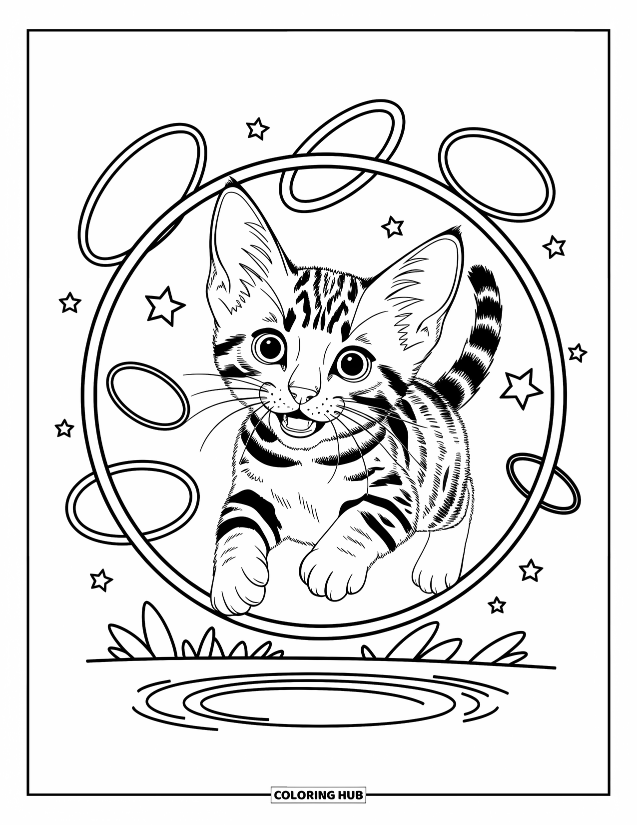 Dibujo de gato para colorear para adultos: Un gatito Bengal salta en el aire a través de un aro, rodeado de estrellas flotantes y patrones arremolinados de ensueño