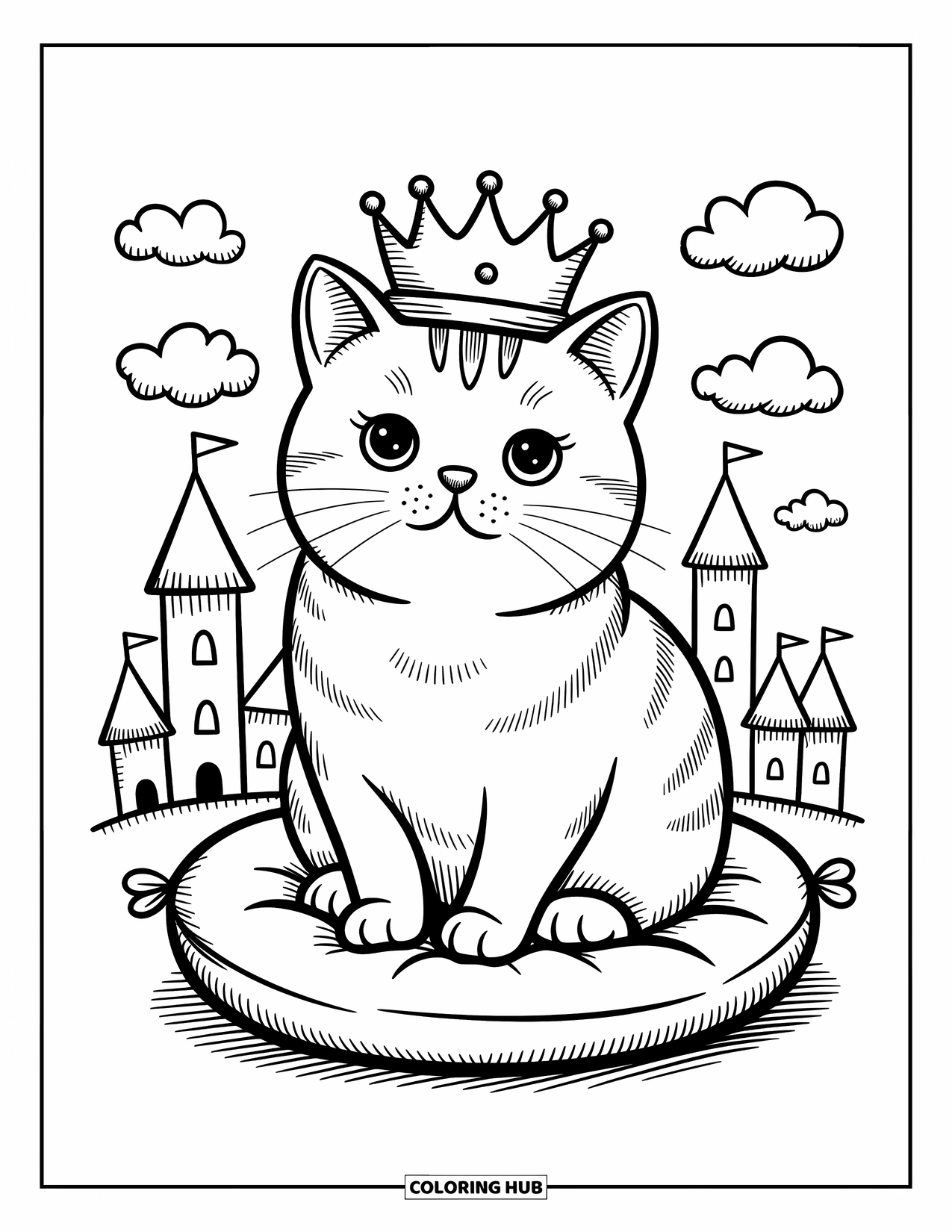 Dibujo de gato para colorear para adultos: Un gato British Shorthair se sienta en un cojín real, luciendo una pequeña corona inclinada en un entorno de castillo de ensueño