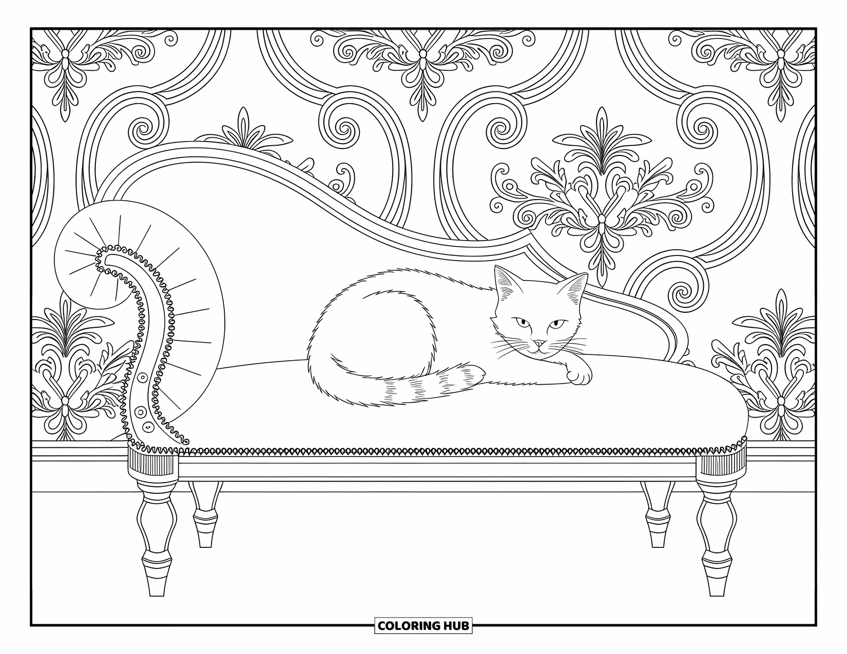 Dibujo de gato para colorear para adultos: Un gato se acurruca con gracia en un elegante diván, con un diseño de papel tapiz victoriano suntuoso