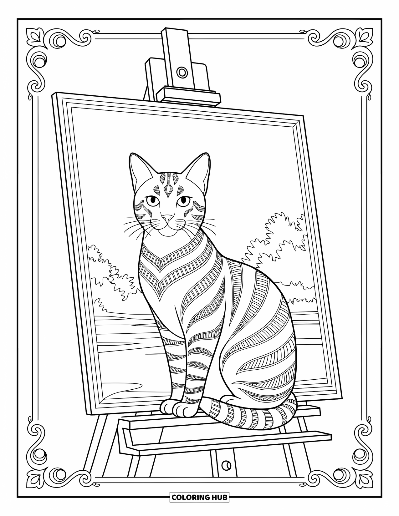 Dibujo de gato para colorear para adultos: Un gato descansa orgulloso en el caballete de un artista, con una pintura intrincada e inacabada detrás de él