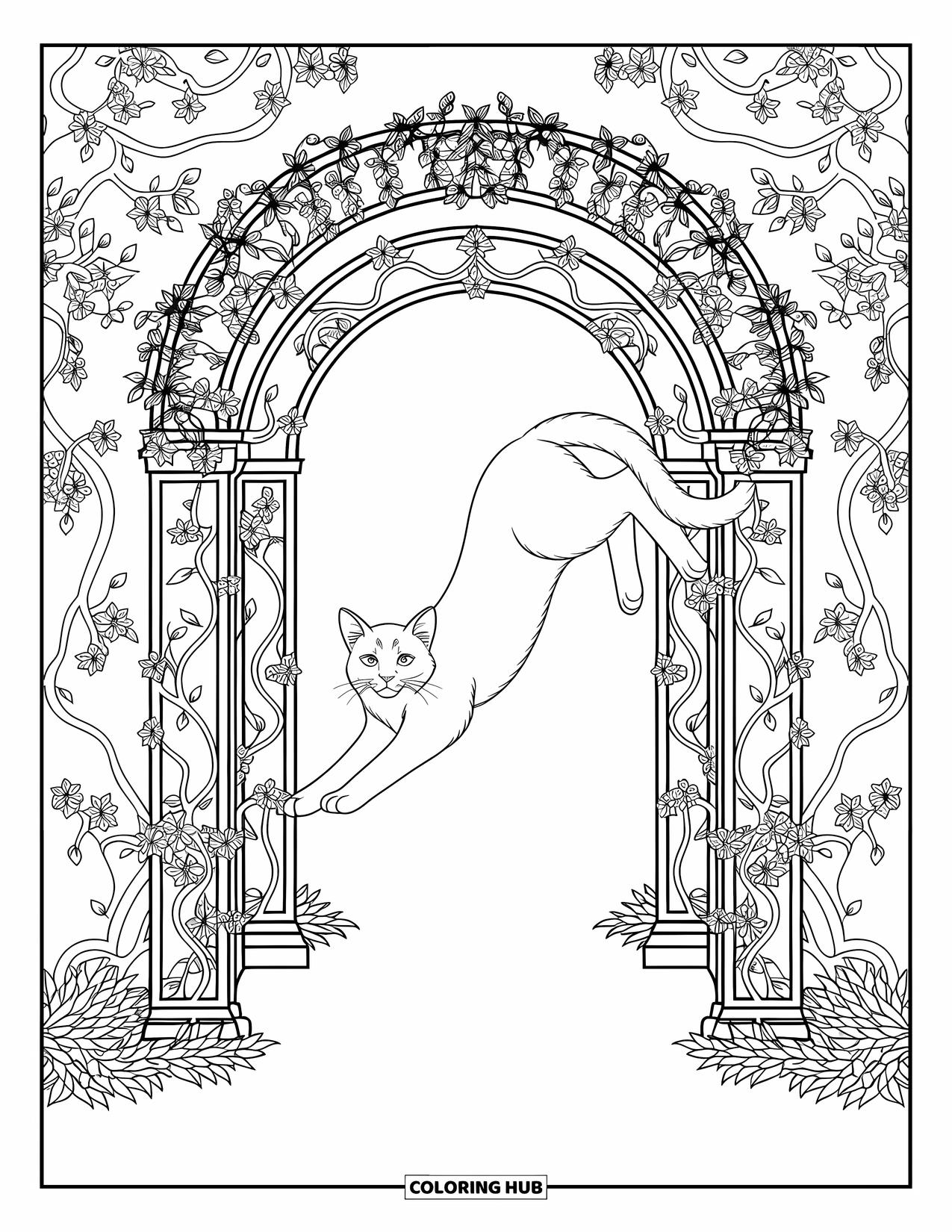 Dibujo de gato para colorear para adultos: Un gato se estira dentro de un arco de jardín detallado, rodeado de enredaderas arremolinadas y flores florecientes