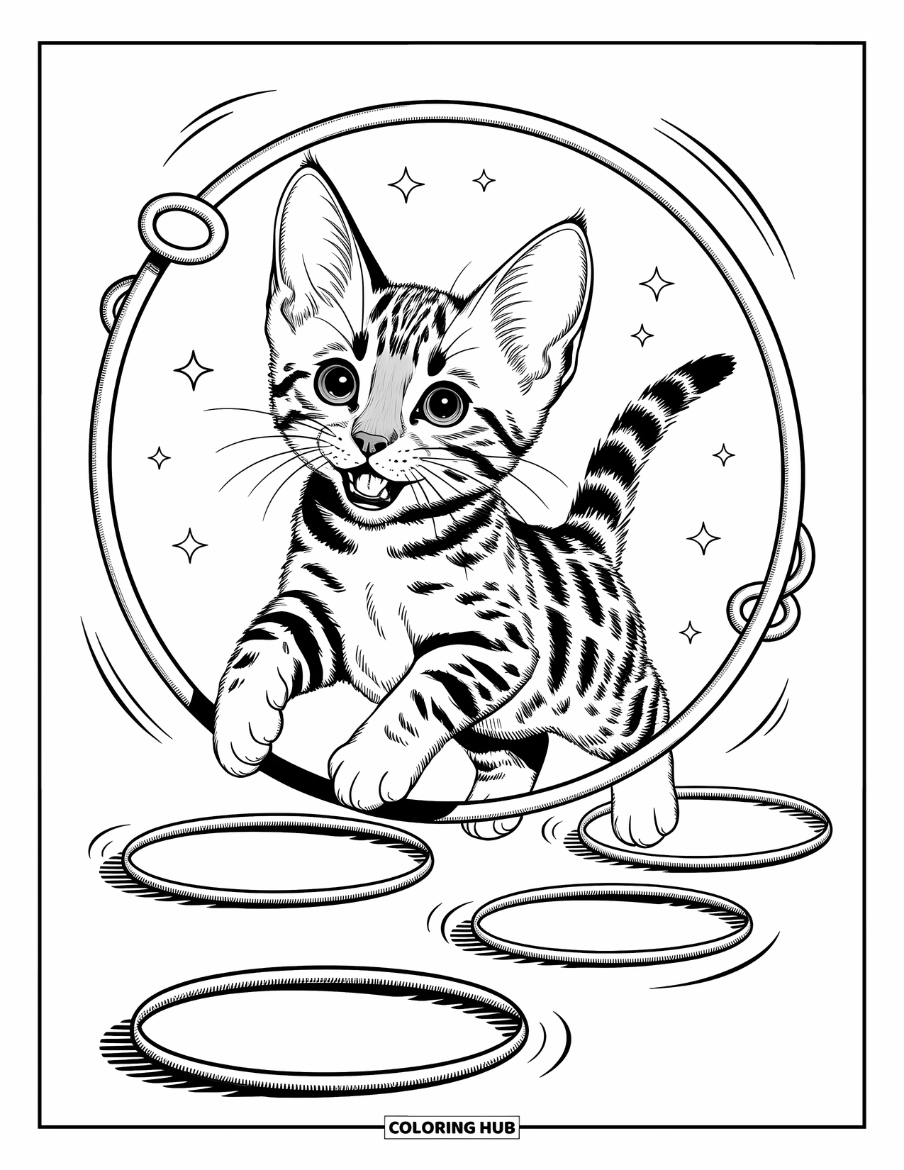 Dibujo de gato para colorear para adultos: Un gatito Bengal alegre salta a través de un aro estrellado, sus orejas de gran tamaño se agitan juguetonamente en el aire