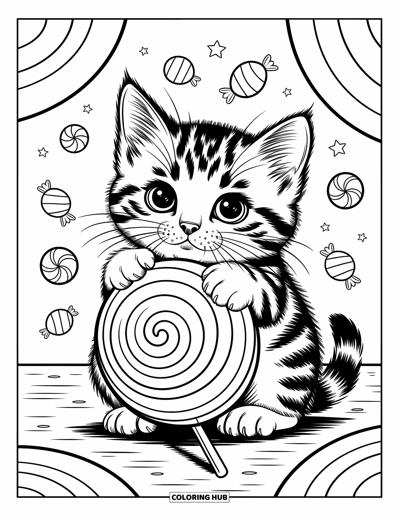Dibujo de gato para colorear para adultos: Un gatito gordito abraza una piruleta gigante arremolinada, rodeado de caramelos flotantes y pequeñas estrellas decorativas
