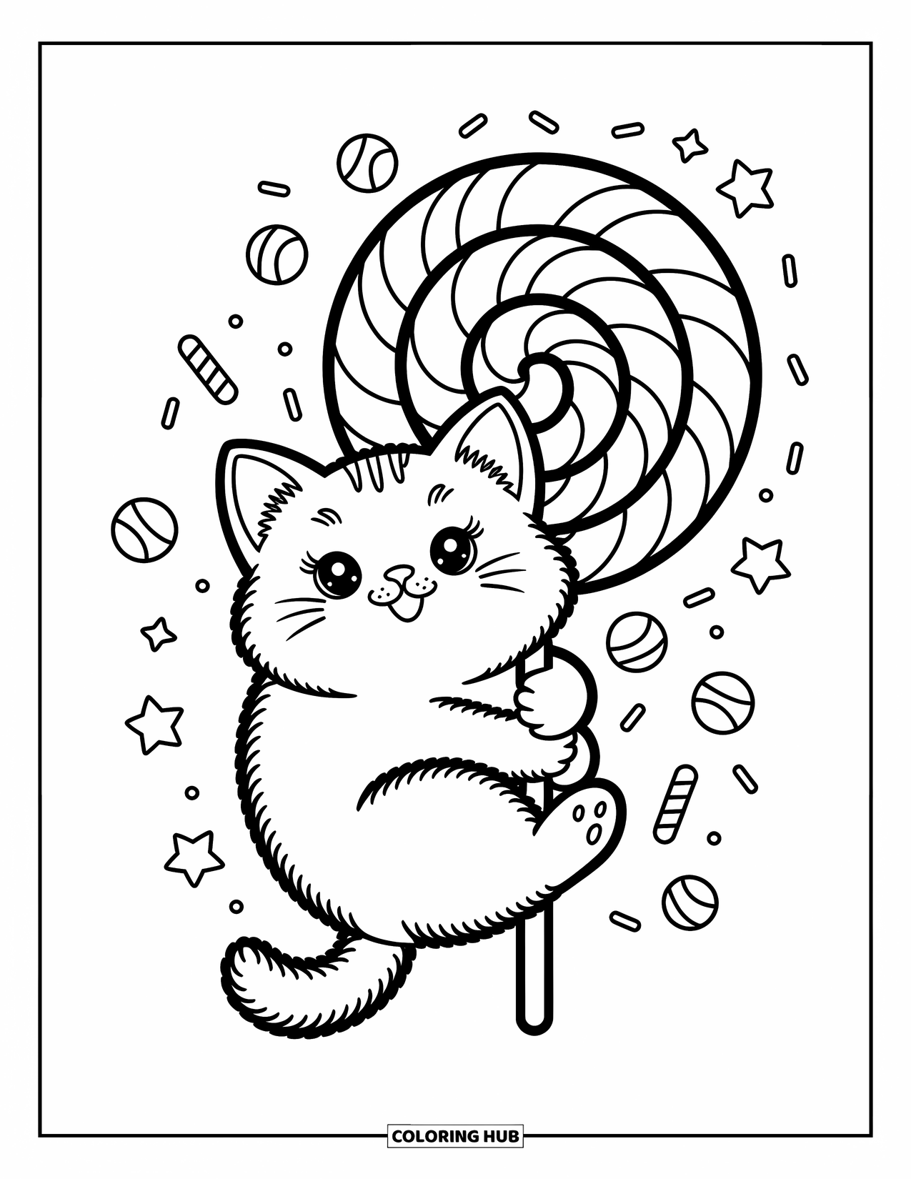 Dibujo de gato para colorear para adultos: Un gatito gordito abraza una piruleta arremolinada, rodeado de garabatos con forma de caramelo y pequeñas estrellas flotantes