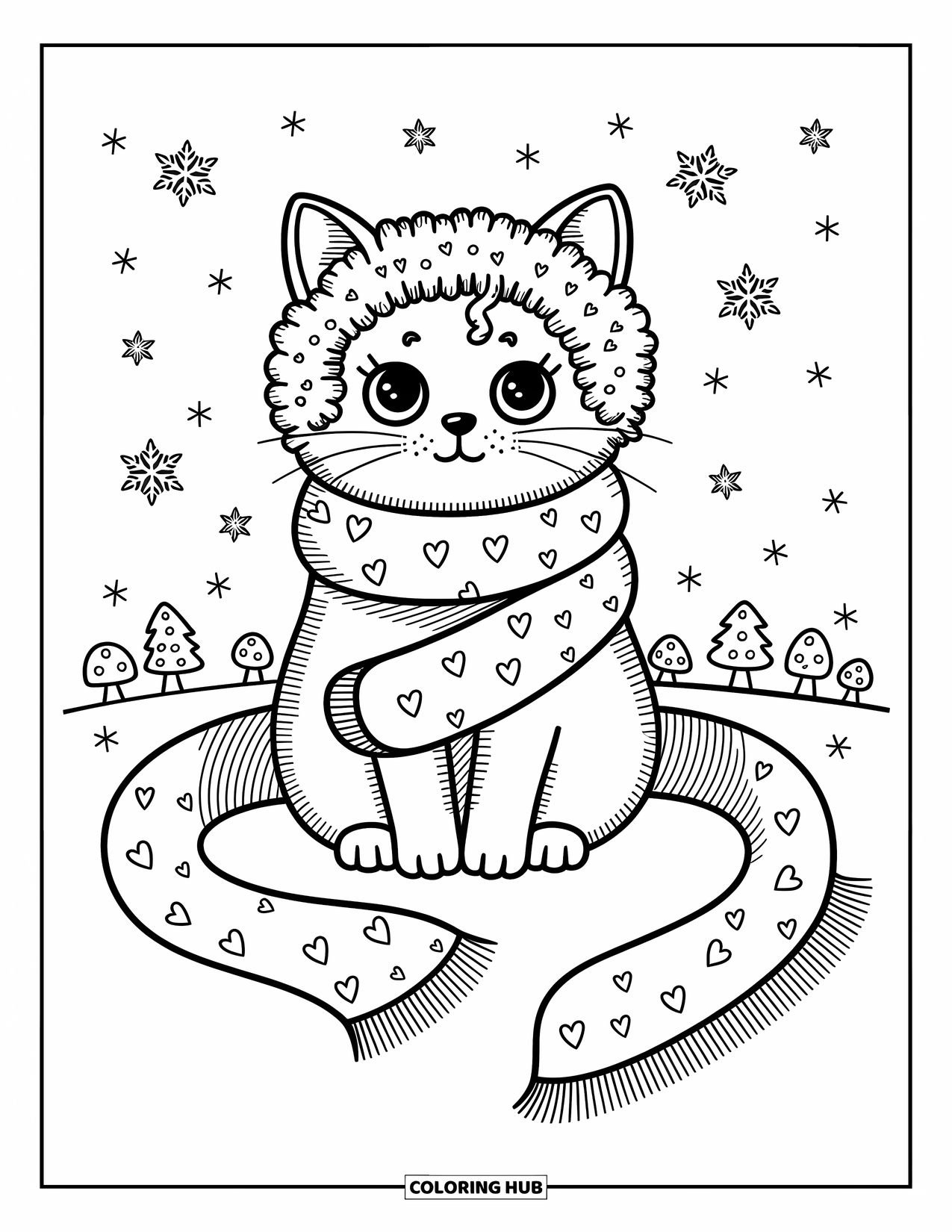Dibujo de gato para colorear para adultos: Un gato LaPerm acogedor se acurruca en una bufanda de gran tamaño, con pequeños copos de nieve y detalles invernales caprichosos