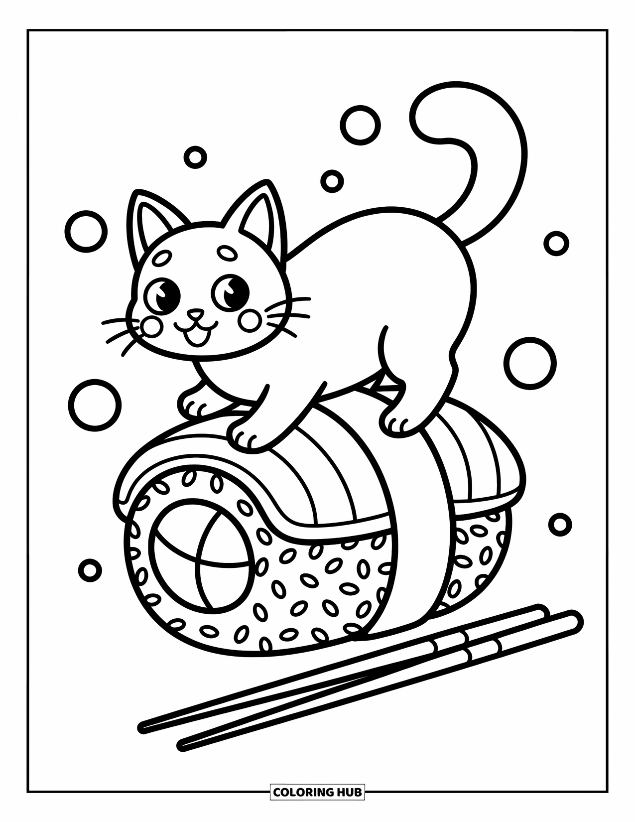 Dibujo de gato para colorear para adultos: Un curioso gato Bobtail japonés se equilibra sobre un rollo de sushi gigante, con su corta cola moviéndose de emoción