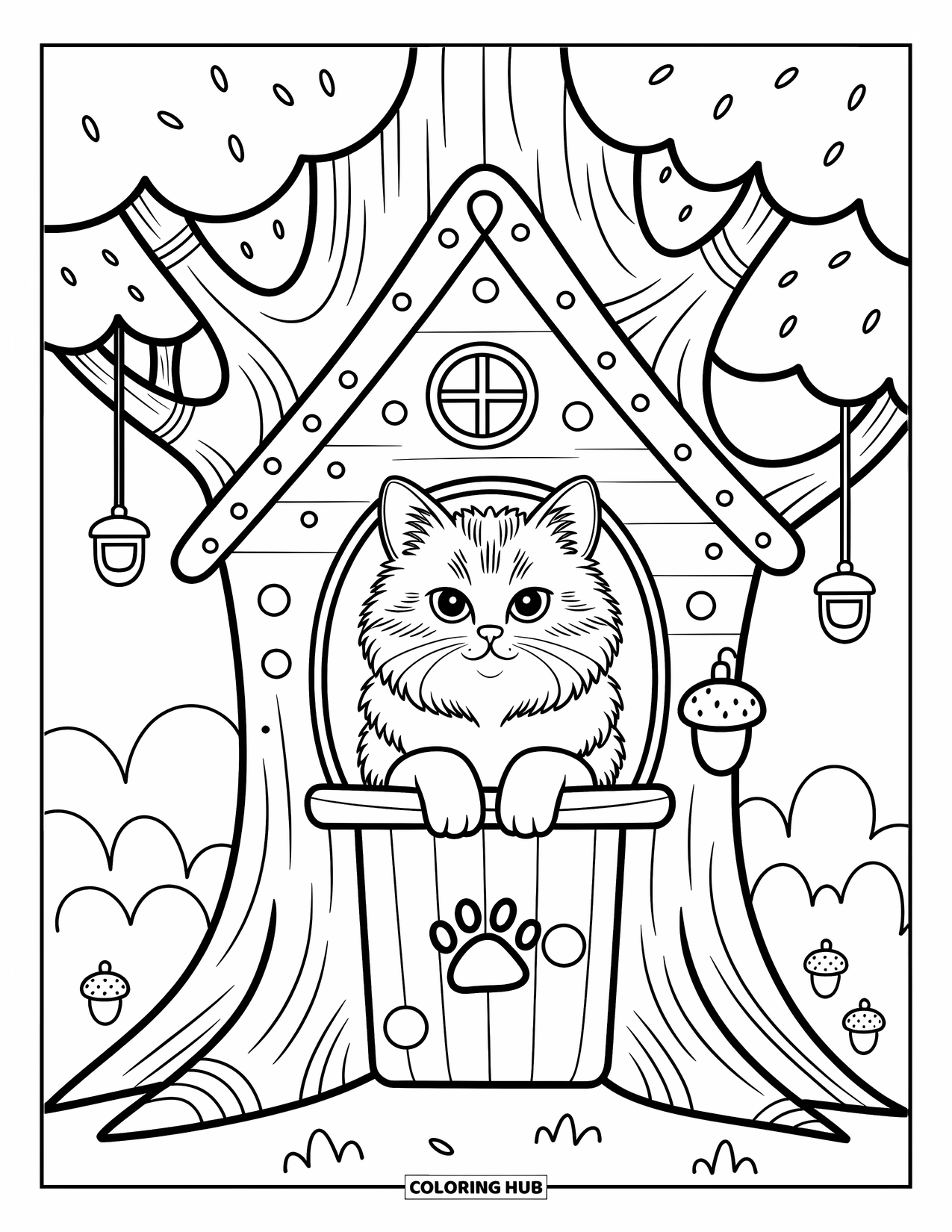 Dibujo de gato para colorear para adultos: Un gato del bosque noruego curioso mira desde una casita en miniatura, enmarcado por hojas, bellotas y encanto rústico
