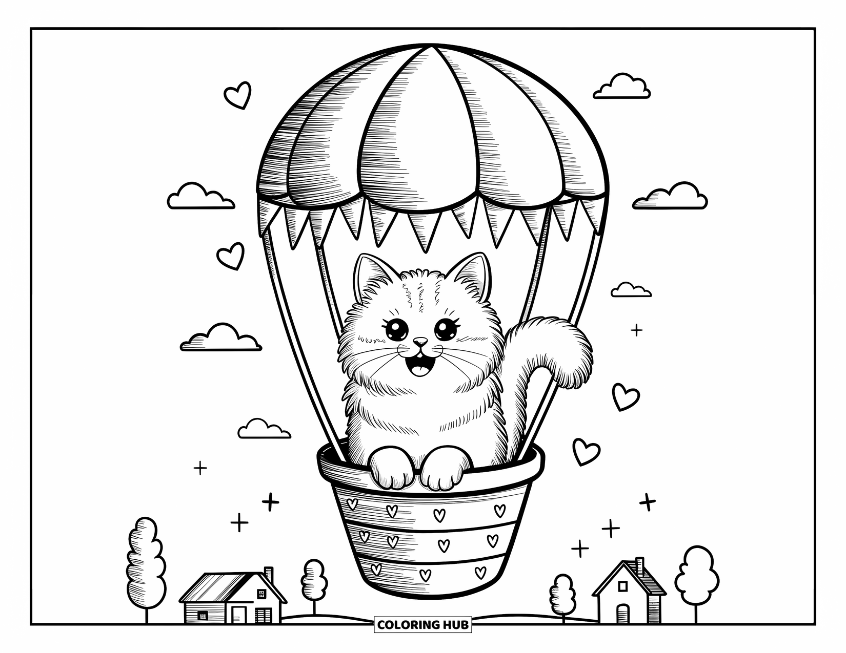 Dibujo de gato para colorear para adultos: Un curioso gato turco Angora se posa en un globo aerostático, contemplando un paisaje caprichoso abajo