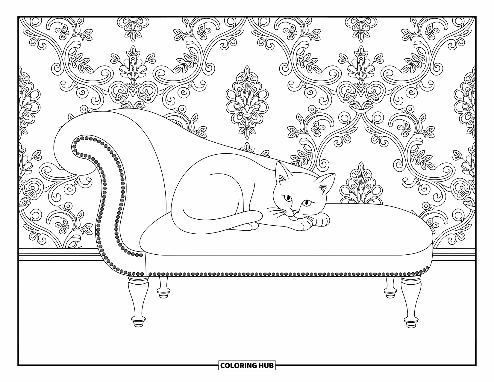 Dibujo de gato para colorear para adultos: Un gato acurrucado descansa en un diván, con un elaborado fondo de pantalla victoriano