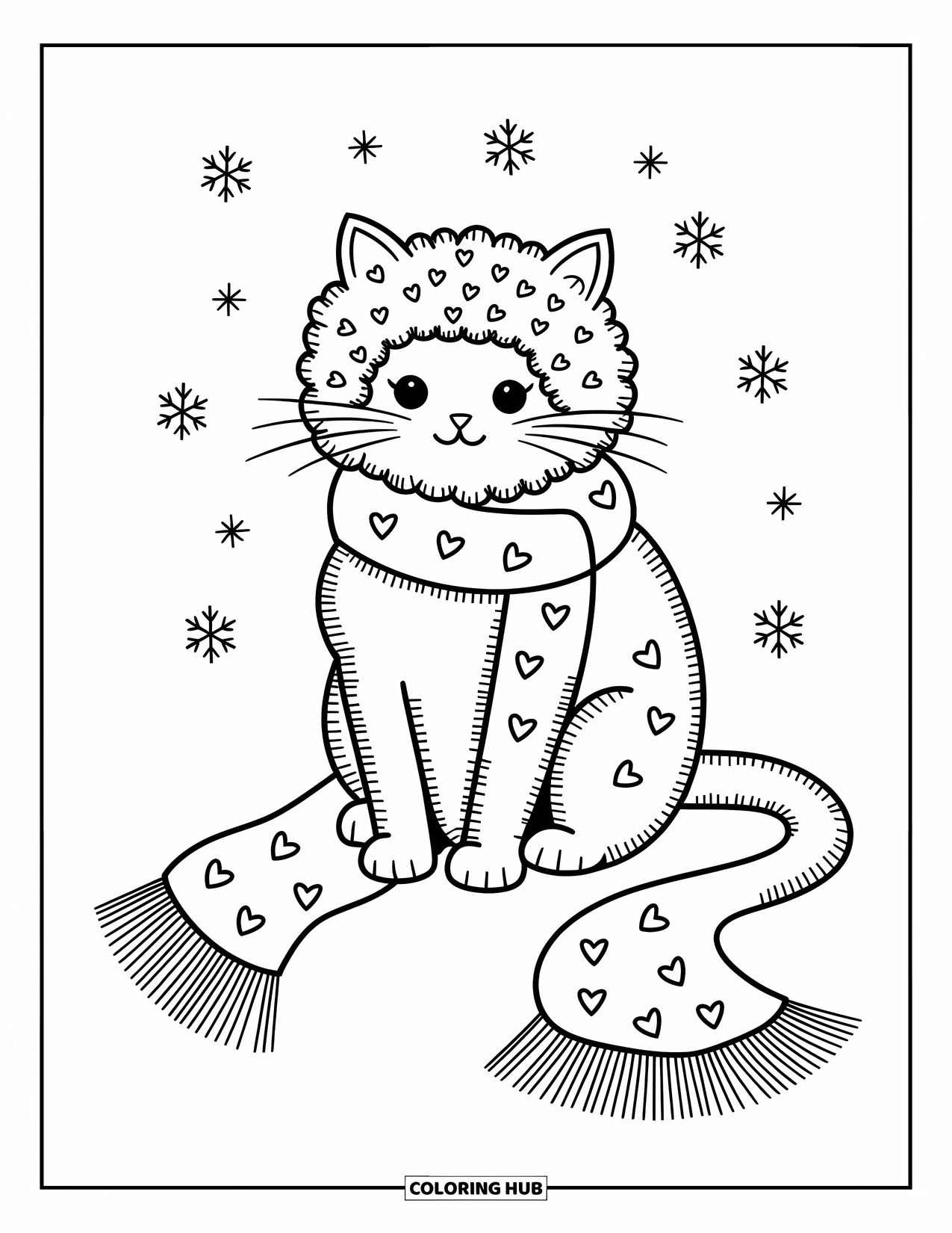 Dibujo de gato para colorear para adultos: Un gato LaPerm de pelo rizado se sienta envuelto en una larga bufanda, rodeado de copos de nieve y pequeños corazones flotantes