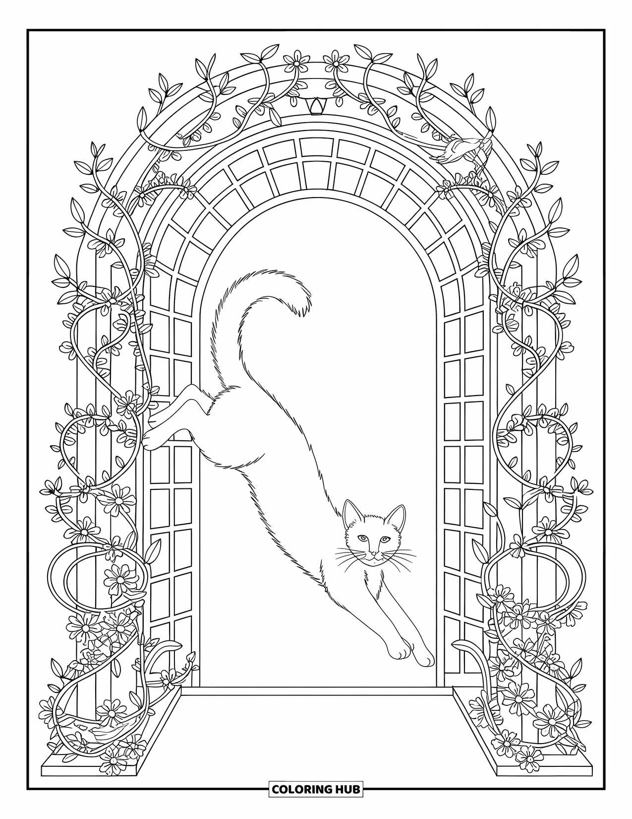 Dibujo de gato para colorear para adultos: Un felino descansa bajo un arco floral, enmarcado por delicadas enredaderas e intrincados patrones botánicos