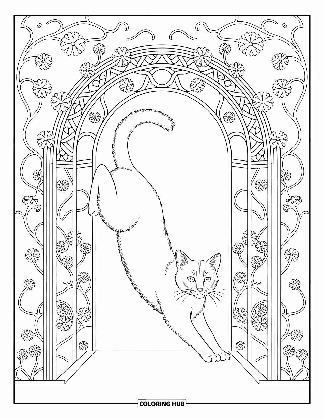 Dibujo de gato para colorear para adultos: Un felino se estira elegantemente debajo de un arco, rodeado de intrincadas enredaderas y patrones florales florecientes