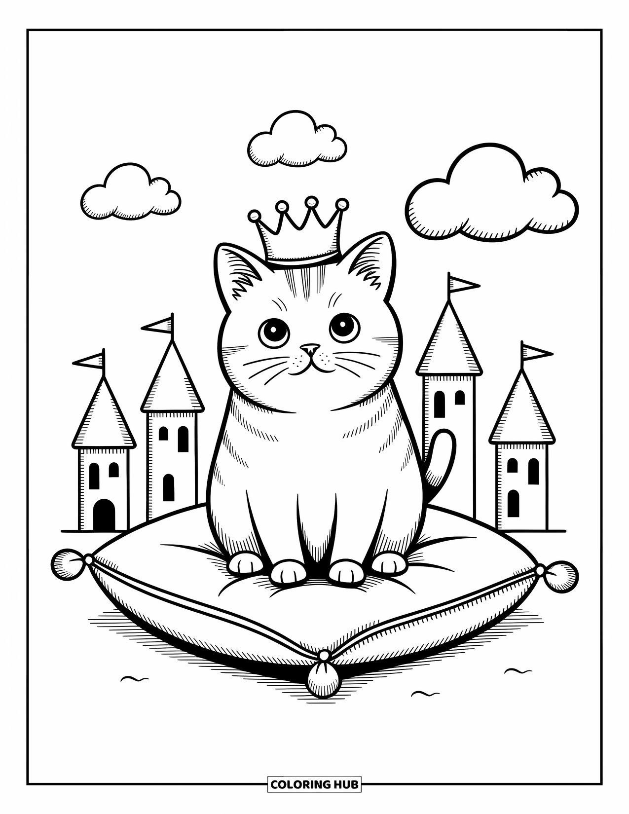 Dibujo de gato para colorear para adultos: Un gato British Shorthair esponjoso descansa en una almohada real, rodeado de torres de castillo caprichosas y nubes suaves