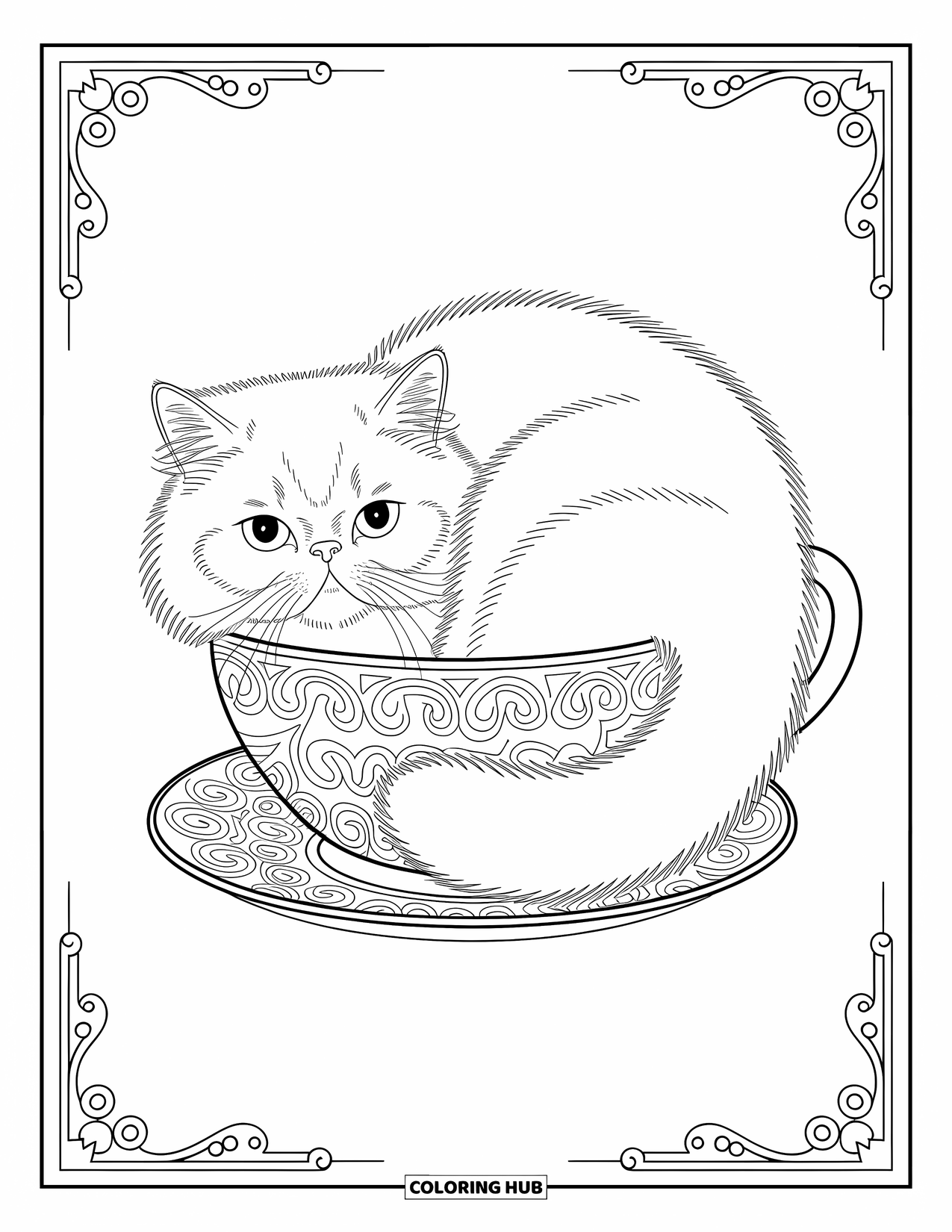 Dibujo de gato para colorear para adultos: Un gato persa esponjoso se acurruca dentro de una taza de té bellamente estampada, acurrucado entre delicados diseños arremolinados