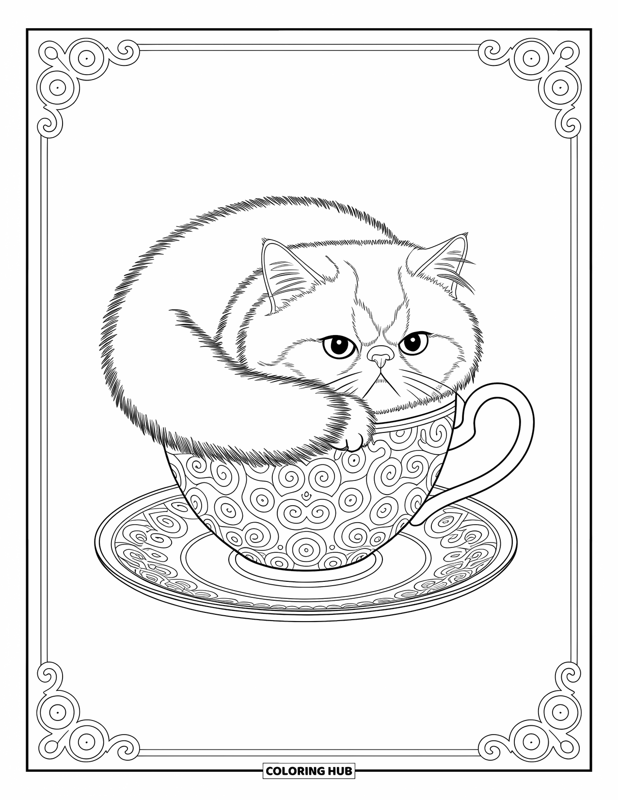 Dibujo de gato para colorear para adultos: Un gato persa esponjoso descansa dentro de una taza de té estampada, enmarcado por delicados remolinos y bordes intrincados
